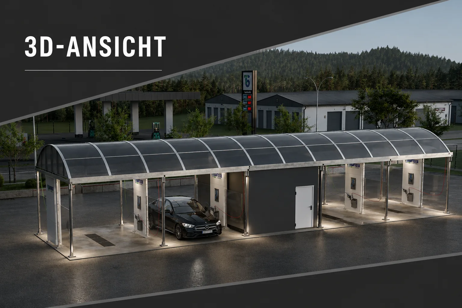 3D-Ansicht einer überdachten Baptista SB-Waschanlage mit mehreren Waschplätzen, Bedienterminals und Technikraum